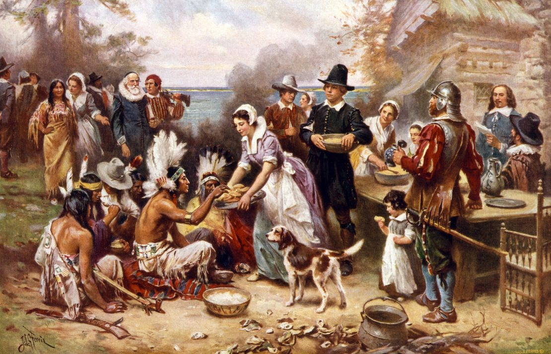 A painting representing a vision of the first Thanksgiving 1621. 