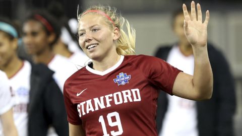 Stanford goalkeeper Katie Meyer acknowledges the crowd after the team's win over UCLA in a semifinal of the NCAA Division I women's soccer tournament in San Jose, California, on December 6, 2019. 