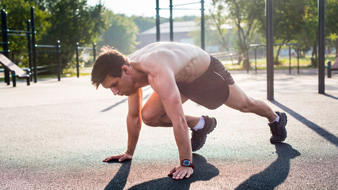An HVIT workout can alternate 60 seconds of jump squats, burpees, mountain climbing exercises (shown above) and jumping lunges with 30 seconds of rest.