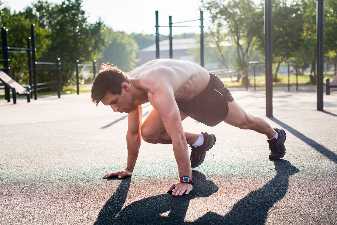 An HVIT workout can alternate 60 seconds of jump squats, burpees, mountain climbing exercises (shown above) and jumping lunges with 30 seconds of rest.