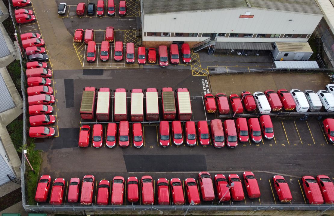 Amid worker strikes, Royal Mail vehicles remain parked at the Tonbridge Delivery Office in Kent, England on November 24, 2022.