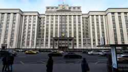 TOPSHOT - A view of the State Duma building, the lower chamber of Russia's parliament, in central Moscow on October 27, 2022. - The Duma unanimously passed amendments toughening a notorious 2013 