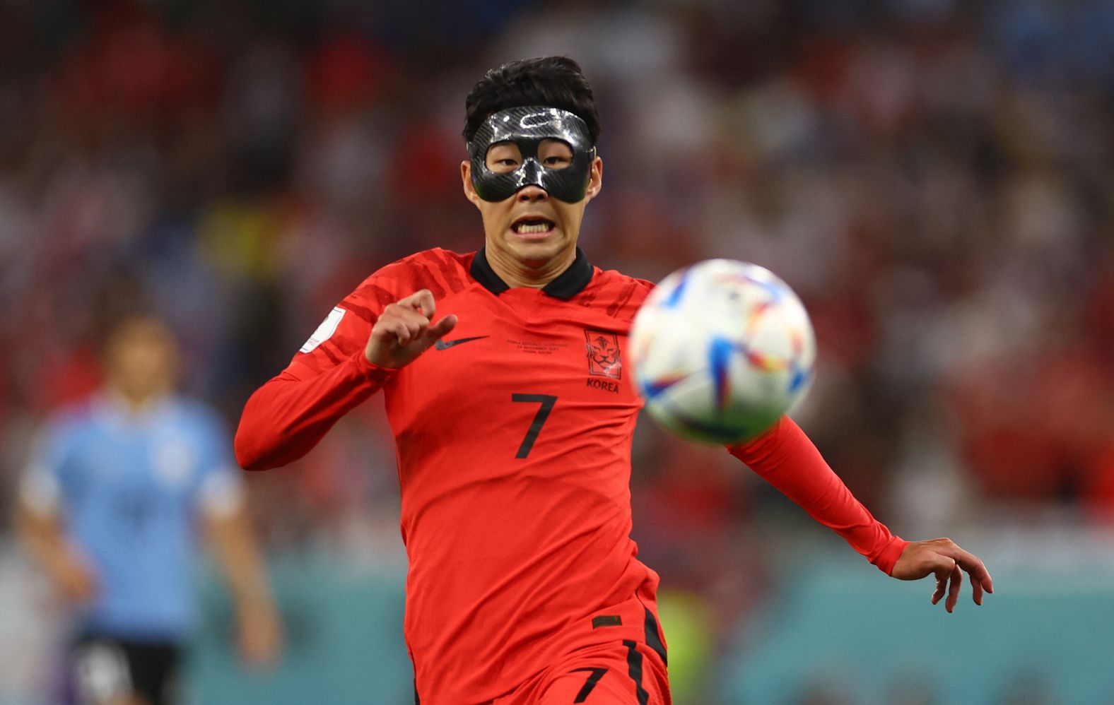 South Korean star Son Heung-min wears a protective eye mask against Uruguay after he suffered a fractured eye socket earlier in the month.