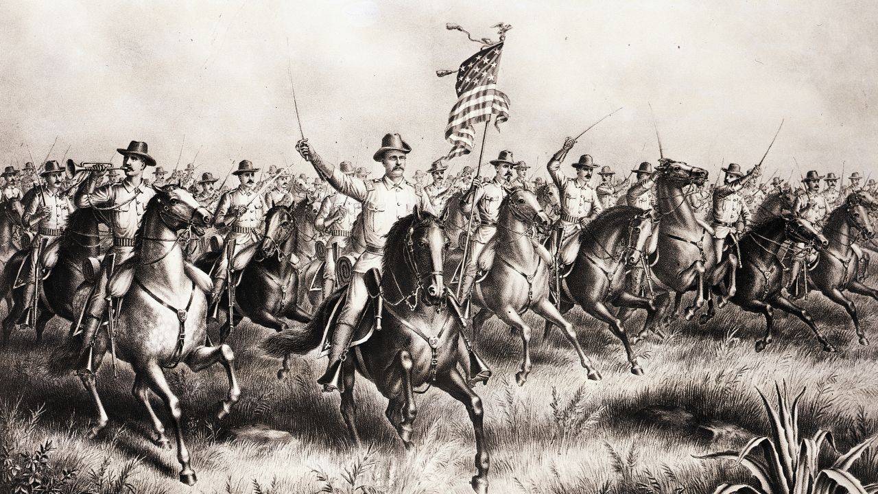 An illustration showing Theodore Roosevelt leading the Rough Riders on their charge of San Juan Hill, near Santiago de Cuba, on July 1, 1898.