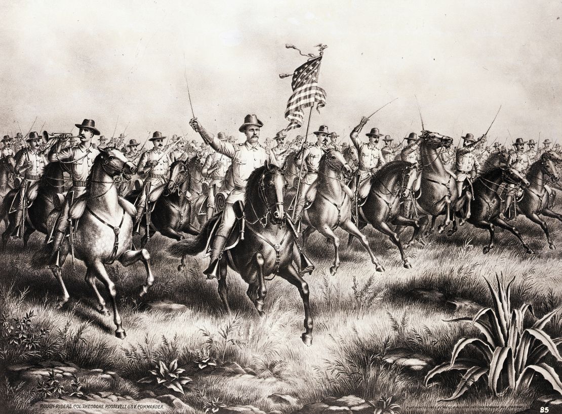 An illustration showing Theodore Roosevelt leading the Rough Riders on their charge of San Juan Hill, near Santiago de Cuba, on July 1, 1898.