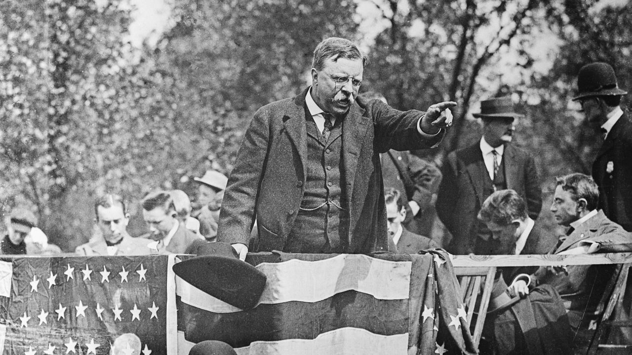 Theodore Roosevelt giving a campaign rally speech in an undated photo. Like Donald Trump, he was a larger-than-life character with a tremendous ego.