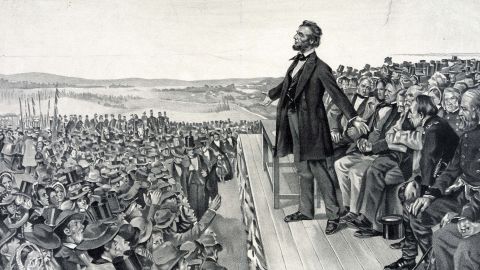 Abraham Lincoln delivering his famous address on November, 19, 1863, at the dedication of the Soldiers' National Cemetery on the battlefield at Gettysburg.