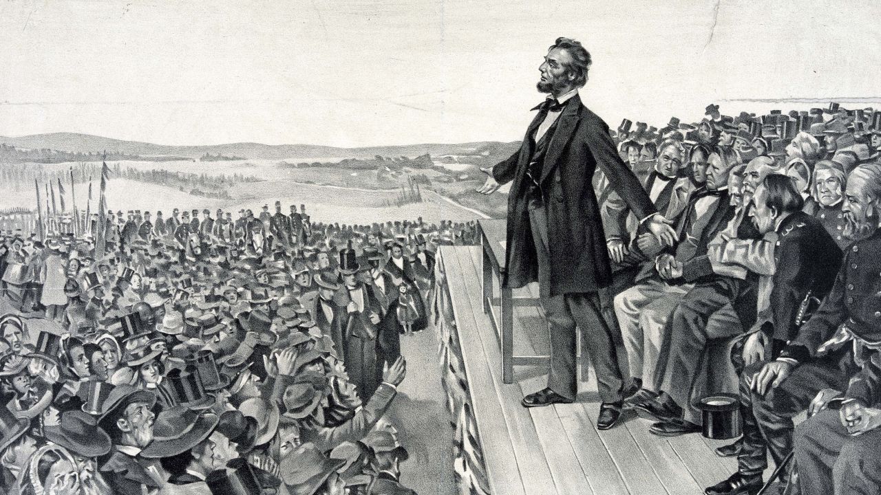 Abraham Lincoln delivering his famous address on November, 19, 1863, at the dedication of the Soldiers' National Cemetery on the battlefield at  Gettysburg.