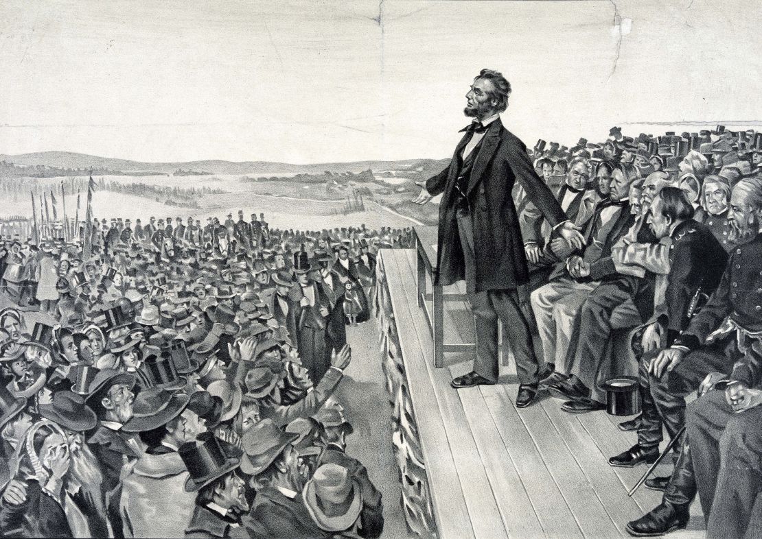 Abraham Lincoln delivering his famous address on November, 19, 1863, at the dedication of the Soldiers' National Cemetery on the battlefield at  Gettysburg.