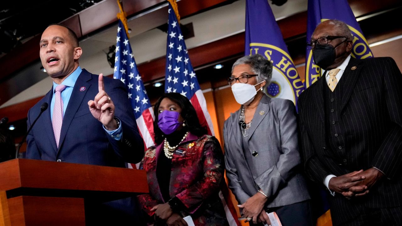 WASHINGTON, DC - JANUARY 12: Standing with fellow members of the Congressional Black Caucus, Rep. Hakeem Jeffries (D-NY) speaks as Rep. Terri Sewell (D-AL), caucus chair Rep. Joyce Beatty (D-OH) and Rep. James Clyburn (D-SC) during a news conference at the U.S. Capitol on January 12, 2022 in Washington, DC. The members of the Congressional Black Caucus urged their Senate colleagues to act on voting rights and election reform legislation. (Photo by Drew Angerer/Getty Images)