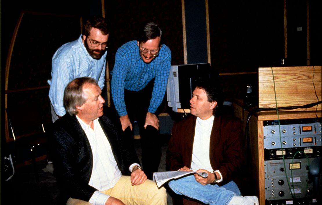 Alan Menken, lower right, with Ron Clements and John Musker and behind the scenes on 'Aladdin' in 1992.