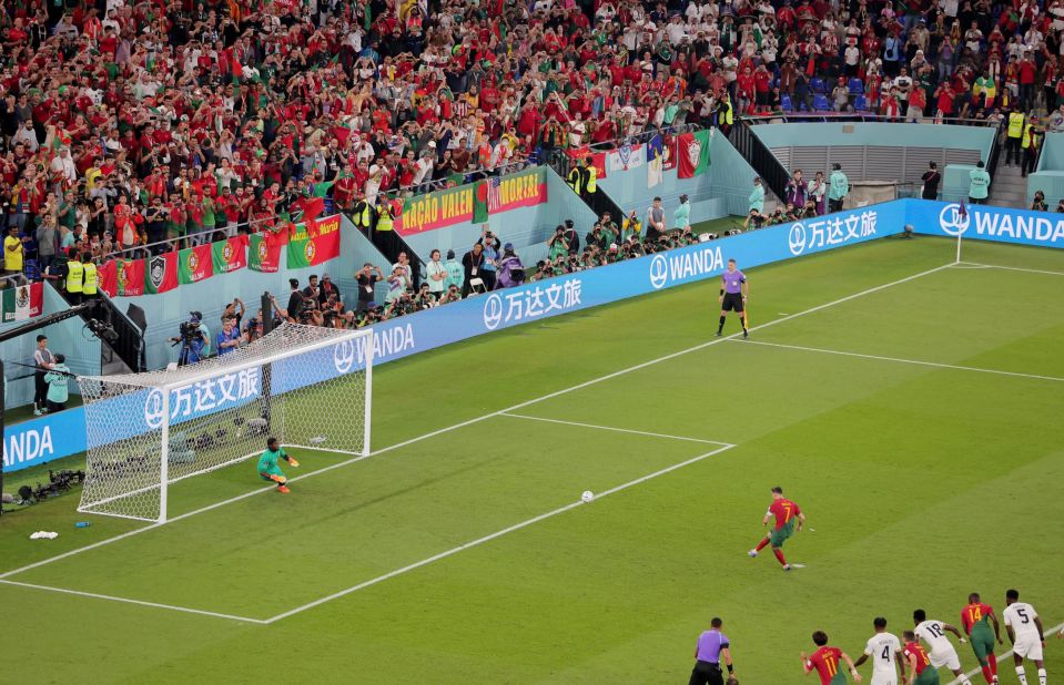 Ronaldo slams his penalty into the upper-left corner of the net.