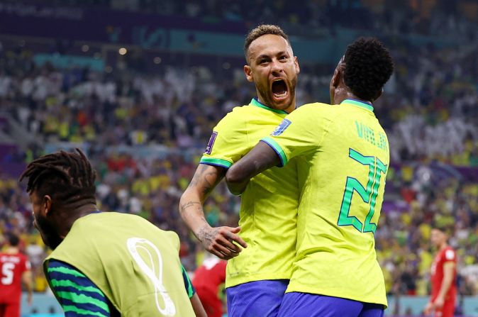 Brazilian superstar Neymar celebrates the first goal, which he helped create.