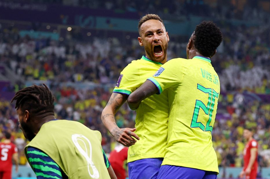 Brazilian superstar Neymar celebrates the first goal, which he helped create.