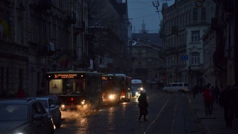 Lviv city center is shown without power after Russian missile strikes hit key civilian infrastructure on November 23, 2022.