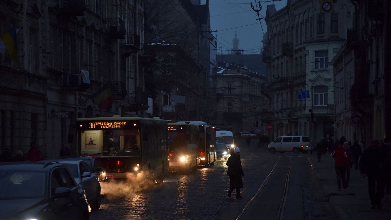 A view shows Lviv city center without electricity after critical civil infrastructure was hit by Russian missile attacks on November 23, 2022.