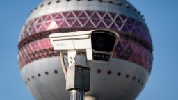 SHANGHAI, CHINA - DECEMBER 02: A Hikvision camera is seen in front of the Oriental Pearl Radio & Television Tower at Lujiazui Financial Centre on December 2, 2021 in Shanghai, China. (Photo by Wang Gang/VCG via Getty Images)