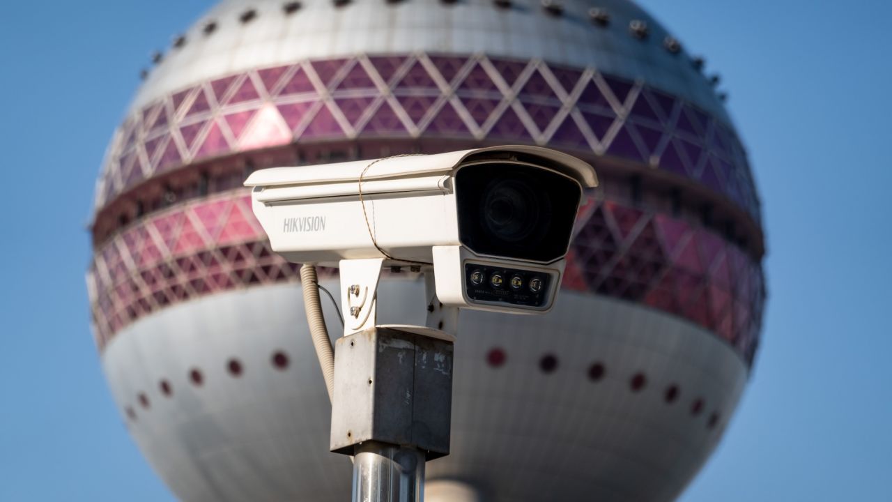 A Hikvision camera seen in front of the Oriental Pearl Radio & Television Tower at Lujiazui Financial Centre on Dec. 2, 2021 in Shanghai.