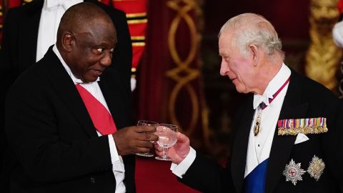 King Charles III and South African President Cyril Ramaphosa share a toast during the first state visit of Charles' reign.