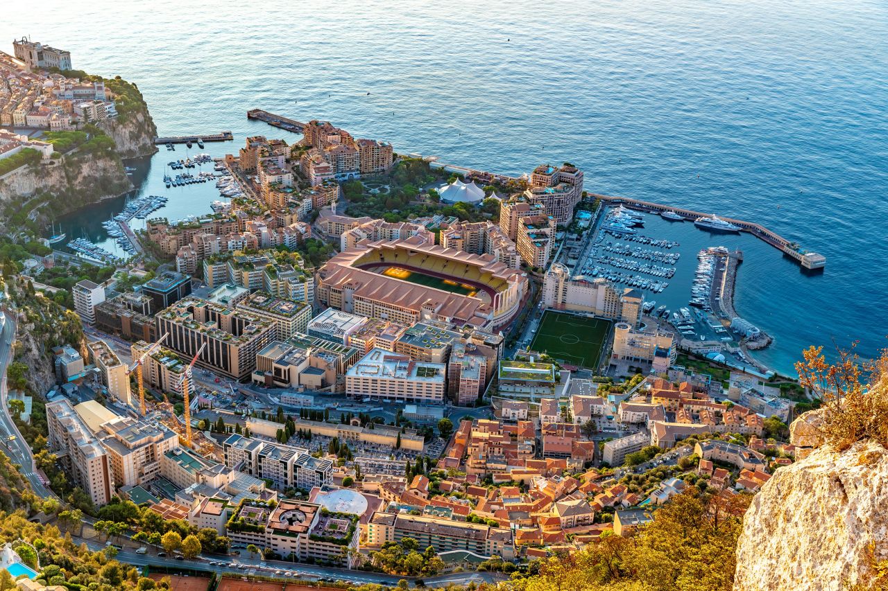 Aerial view of stadium of Monaco at sunrise, view from La Turbie, landmark of Monaco, Monte-Carlo, port Cap Dail, port Fontvieille, Monaco Ville