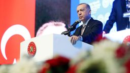 Turkish President Recep Tayyip Erdogan speaks during an event marking the International Day for the Elimination of Violence Against Women at the Istanbul Congress Center in Istanbul on Friday.