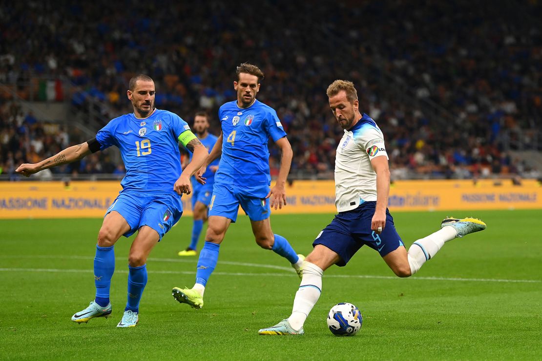 Kane (right) wears the "OneLove" armband during the Nations League game between England and Italy on September 23. 