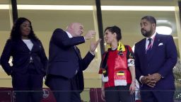 Belgian Foreign Affairs Minister Hadja Lahbib (2nd R) and UEFA Gianni Infantino (2nd L) pictured in the stands at a soccer game between Belgium's national team the Red Devils and Canada, in Group F of the FIFA 2022 World Cup in Al Rayyan, State of Qatar on Wednesday 23 November 2022.
BELGA PHOTO VIRGINIE LEFOUR (Photo by VIRGINIE LEFOUR / BELGA MAG / Belga via AFP) (Photo by VIRGINIE LEFOUR/BELGA MAG/AFP via Getty Images)