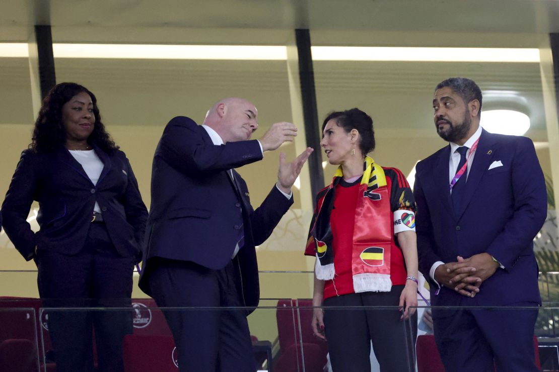 Belgian Foreign Affairs Minister Hadja Lahbib wears a "OneLove" armband in the stands. 