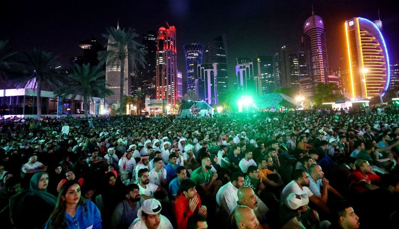 Fans in Doha, Qatar, watch the match between Poland and Saudi Arabia on Saturday. 