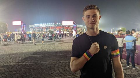 German fan Bengt Kunkel wearing a rainbow-colored arm and wristband outside Stadium 974 on Saturday, November 26. 