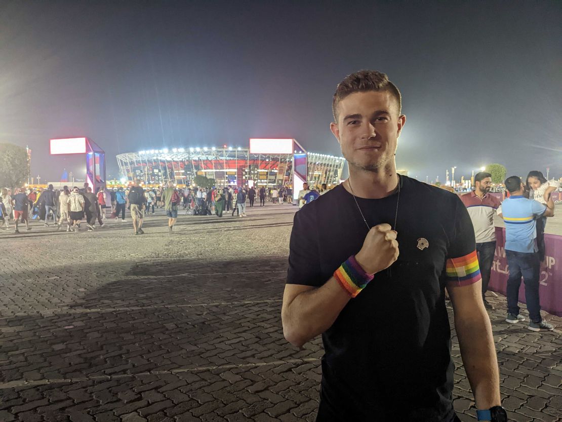 German fan Bengt Kunkel wearing a rainbow-colored arm and wristband outside Stadium 974 on Saturday, November 26. 