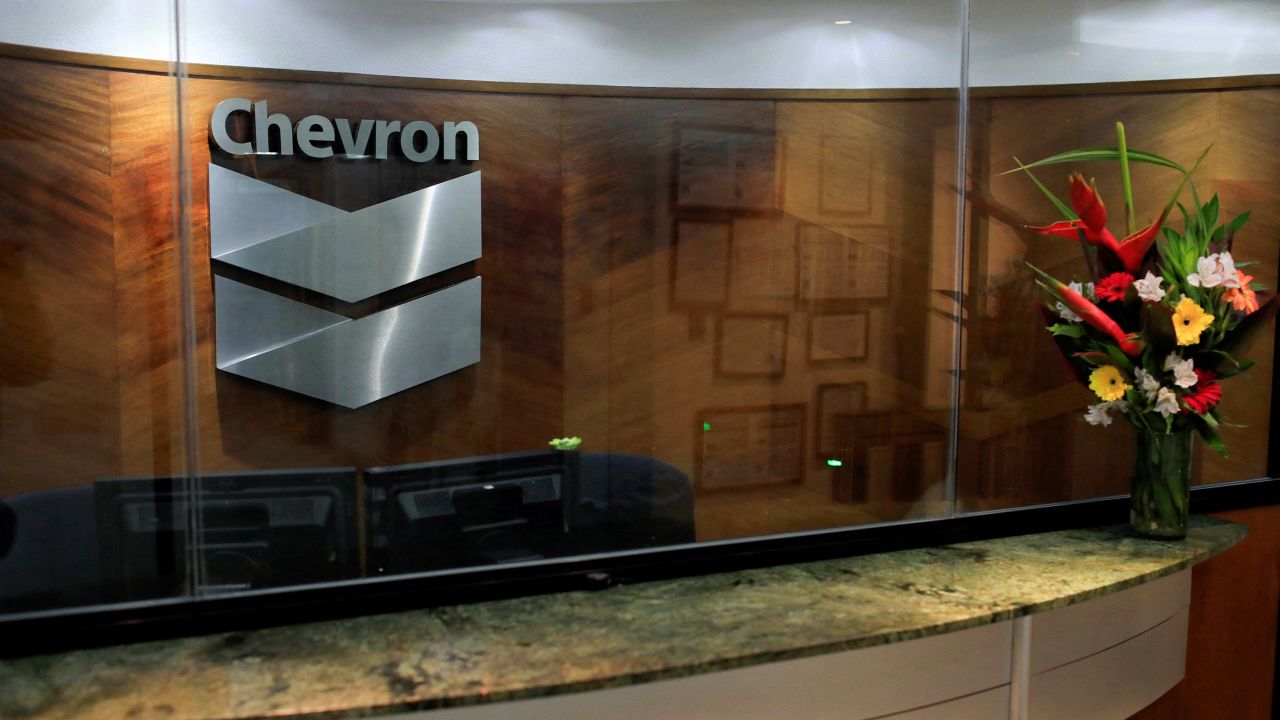 The Chevron logo is seen at the company's office in Caracas, Venezuela, on April 25, 2018.