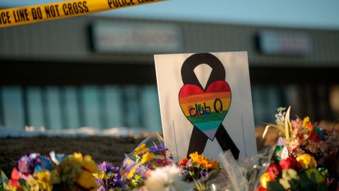A sign at the growing memorial at the scene, related to the shooting inside Club Q on Sunday, November 20, 2022 in Colorado Springs, Colorado.