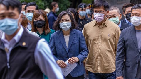 Taiwan President Tsai Ing-wen walks to a press conference after casting her ballot in local elections on Nov. 26 in New Taipei City.