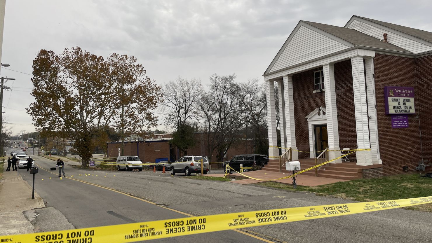 A crime scene is taped off at New Season Church in Nashville Saturday. 