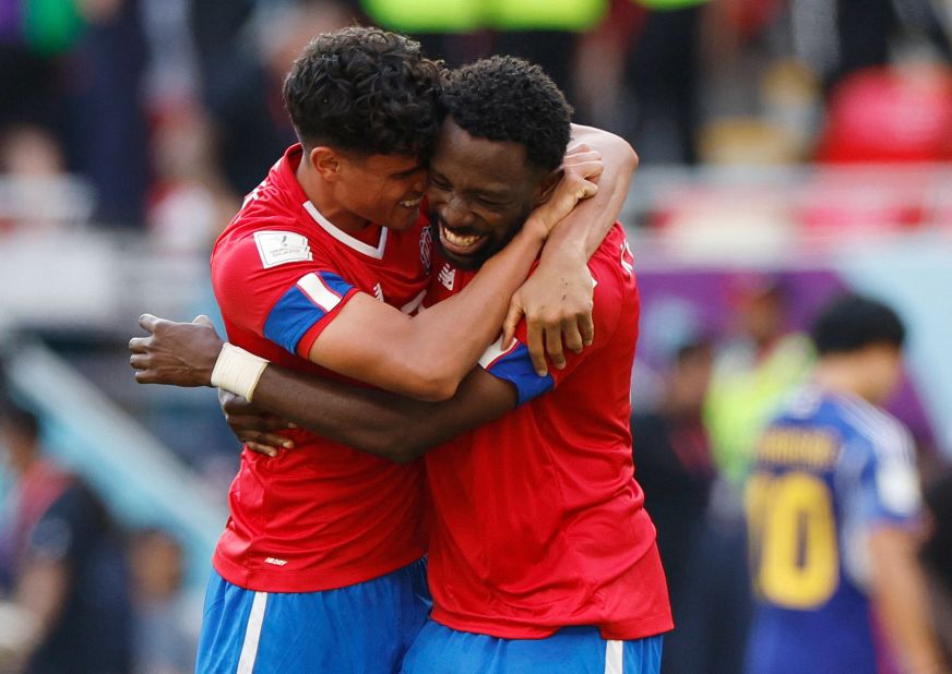 Costa Rica's Yeltsin Tejeda and Keysher Fuller celebrate their 1-0 win over Japan on November 27. Fuller scored the winning goal.
