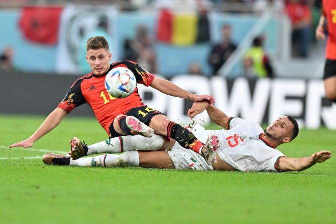 Belgium's Thorgan Hazard, left, and Morocco's Selim Amallah compete for the ball on November 27. Morocco defeated Belgium 2-0. It was Morocco's first World Cup win since 1998 — and its third-ever at the tournament.