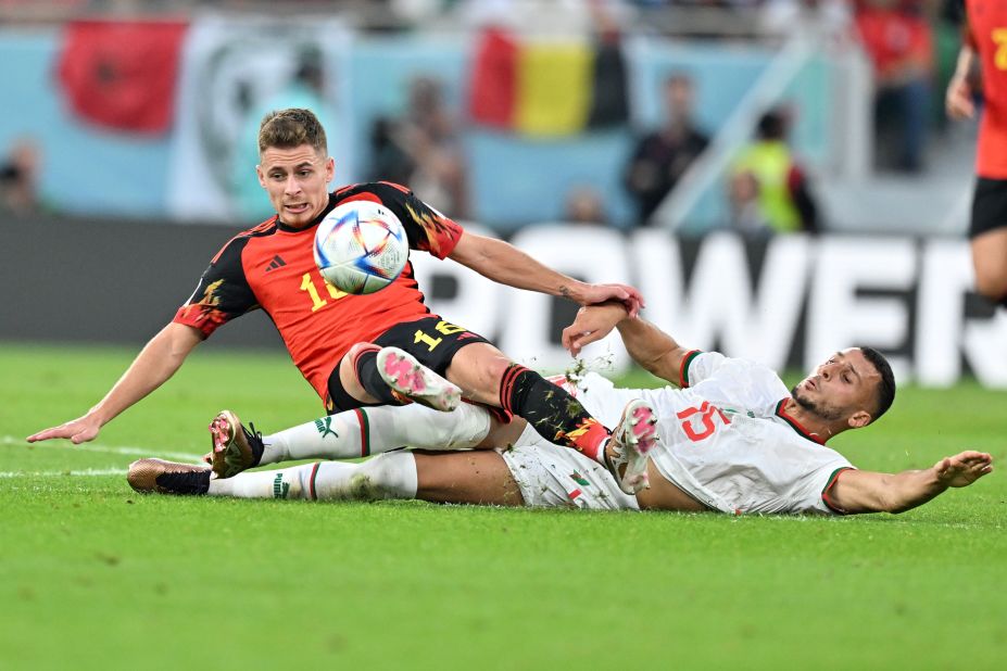 Belgium's Thorgan Hazard, left, and Morocco's Selim Amallah compete for the ball on November 27. Morocco defeated Belgium 2-0. It was Morocco's first World Cup win since 1998 — and its third-ever at the tournament.