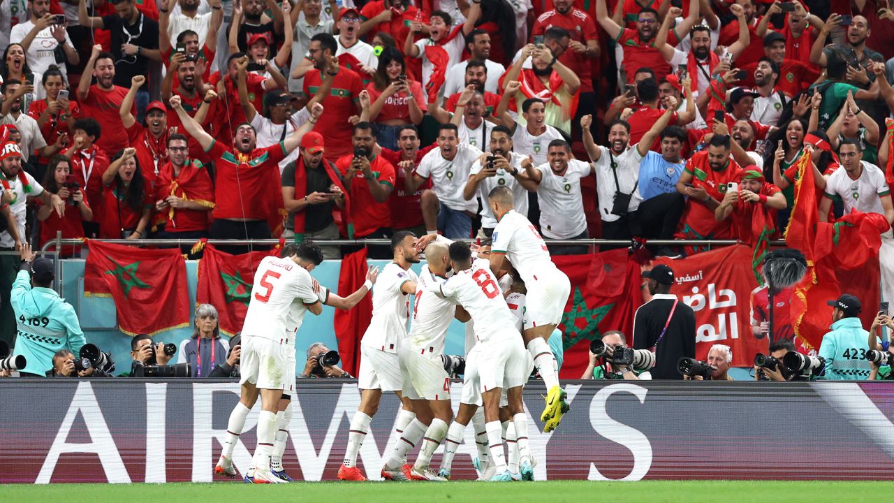 Morocco celebrates its first goal.