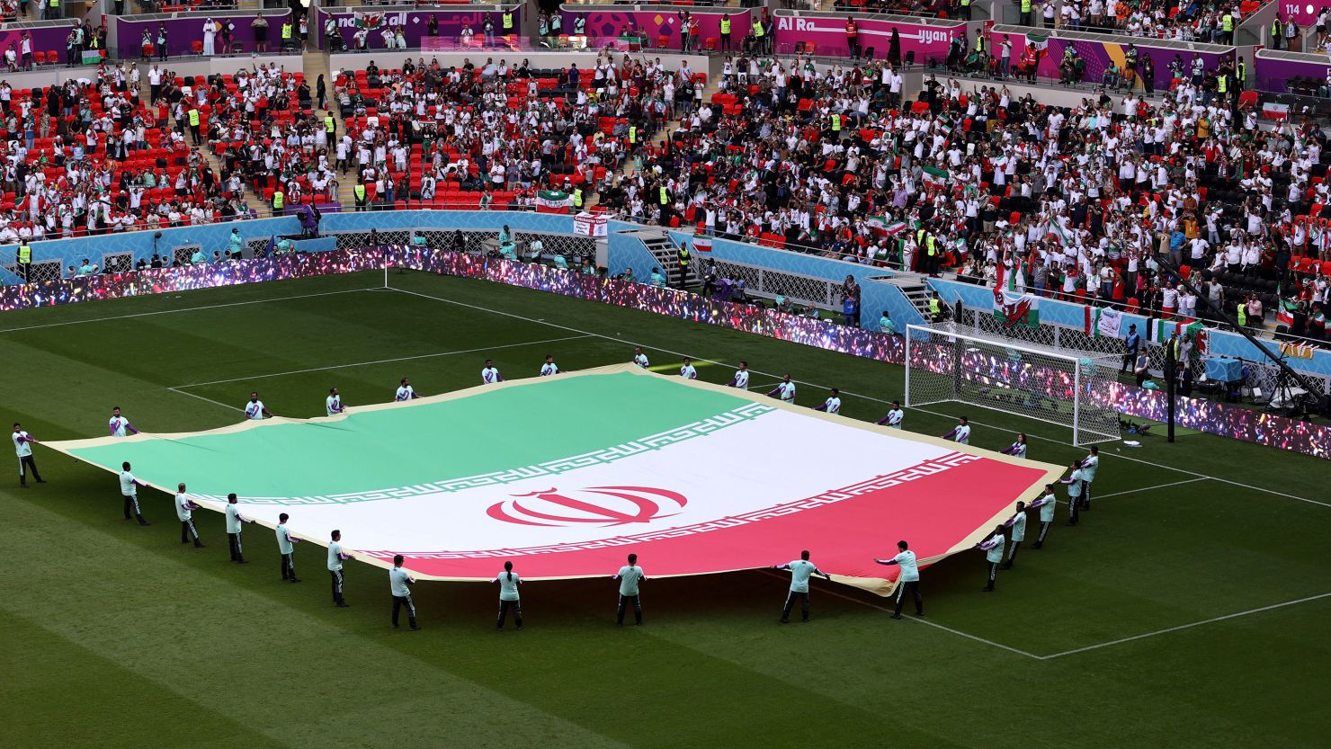 A giant flag of IR Iran on the pitch prior to the FIFA World Cup Qatar 2022 Group B match between Wales and Iran at Ahmad Bin Ali Stadium on November 25, 2022 in Doha, Qatar. 