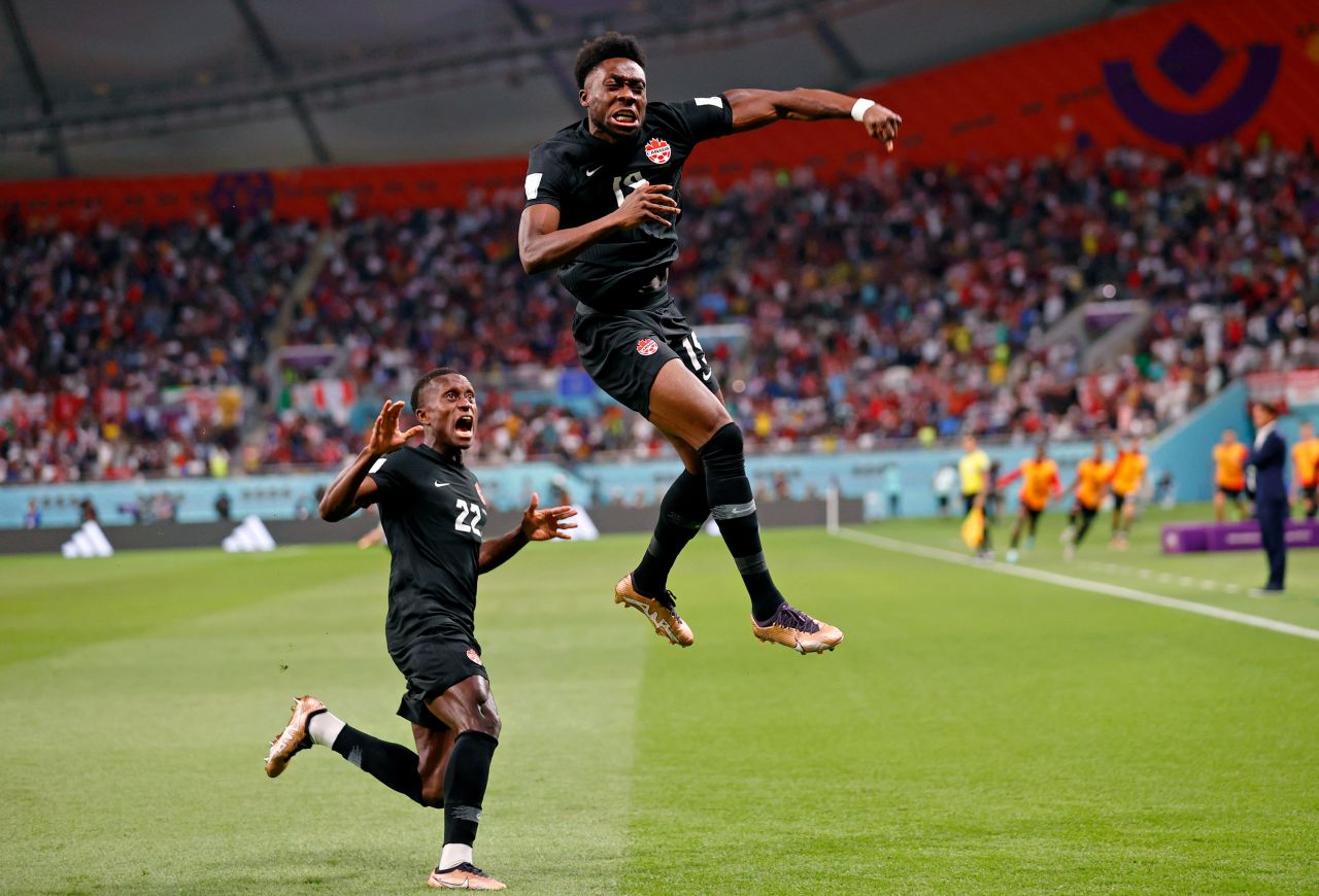 Alphonso Davies celebrates after scoring Canada's first-ever World Cup goal on November 27. The goal against Croatia came 68 seconds after kickoff and was the fastest at the 2022 tournament so far. But despite the early lead, Canada lost 4-1.