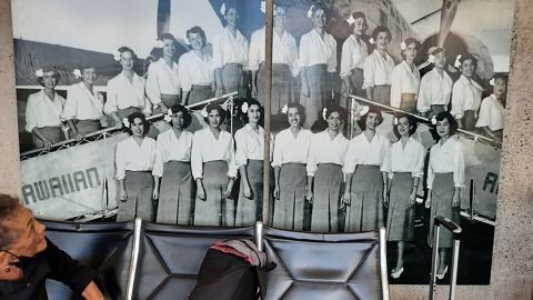 Gwendolyn Bruhn pictured at Daniel K. Inouye International Airport in Honolulu, Hawaii earlier in 2022. Bruhn is looking at a photo of herself (she's top right) taken during her time working for Hawaiian Airlines.