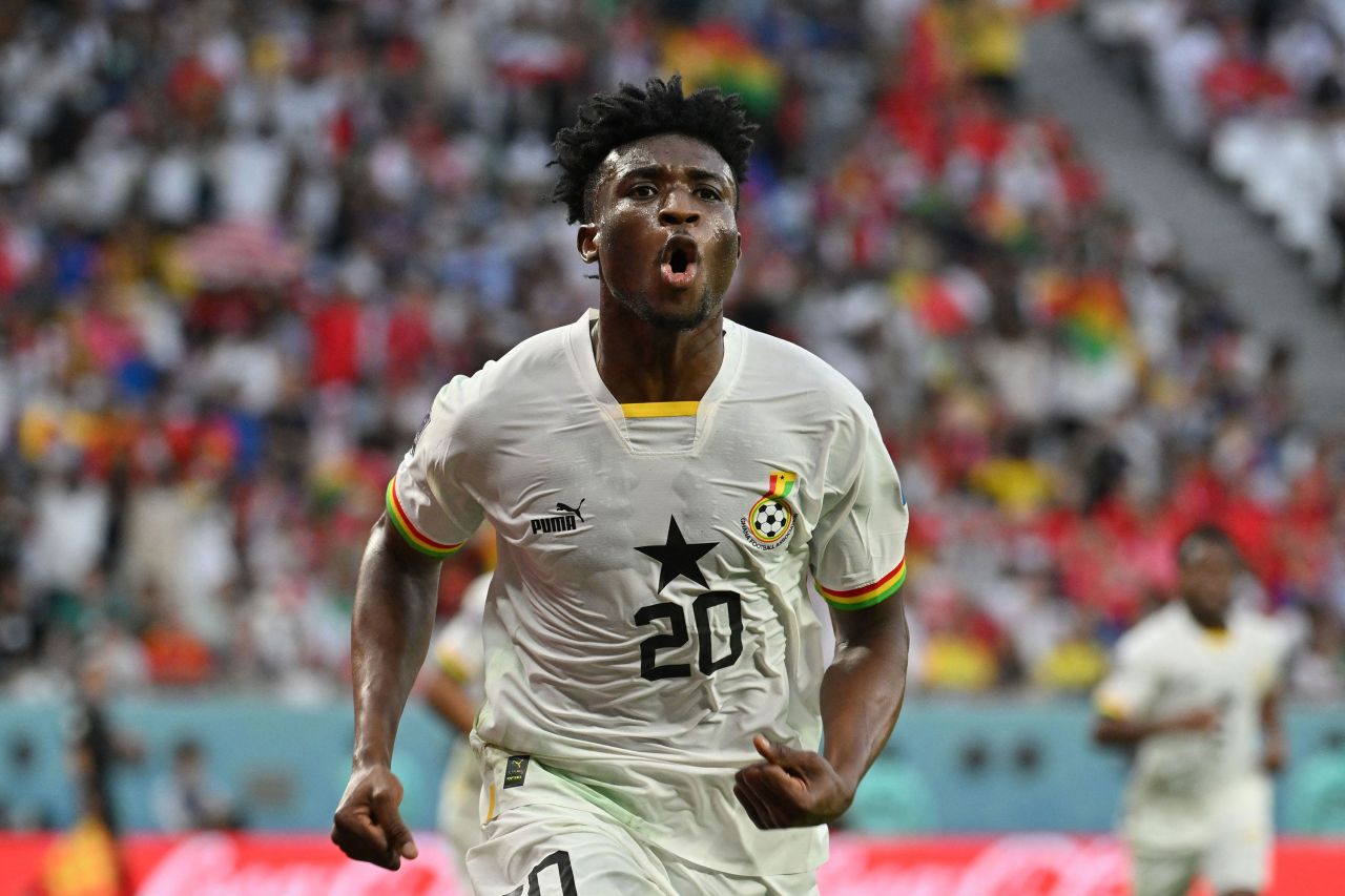 Ghana midfielder Mohammed Kudus celebrates a goal during the match against South Korea on Monday. It was his second goal of the day, and it was the difference in Ghana's 3-2 victory.