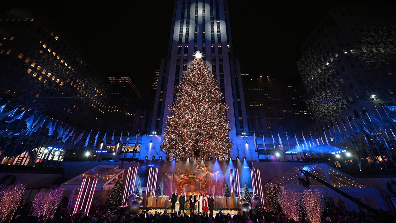 View of the Rockefeller Center Christmas tree lit during the 89th annual Rockefeller Center Christmas tree lighting ceremony in New York, NY, December 1, 2021. (Photo by Anthony Behar/Sipa USA)(Sipa via AP Images)