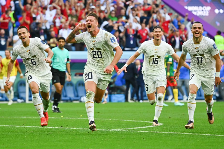 Serbia's Sergej Milinković-Savić celebrates a goal during a 3-3 draw with Cameroon on November 28.