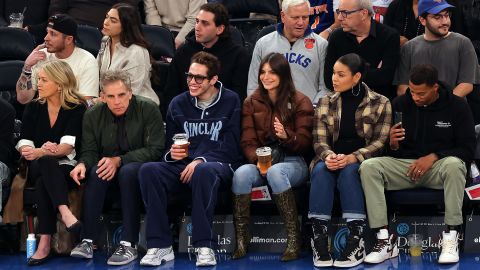 Christine Taylor, Ben Stiller, Pete Davidson, Emily Ratajkowski, Jordin Sparks and Dana Isaiah watch the game between the Memphis Grizzlies and the New York Knicks at Madison Square Garden on November 27.