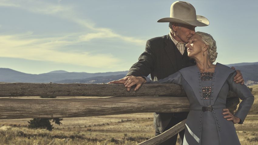 Harrison Ford as Jacob Dutton and Helen MIrren as Cara Dutton in 1923 streaming on Paramount+ 2022. Photo Credit: James Minchin III/Paramount+