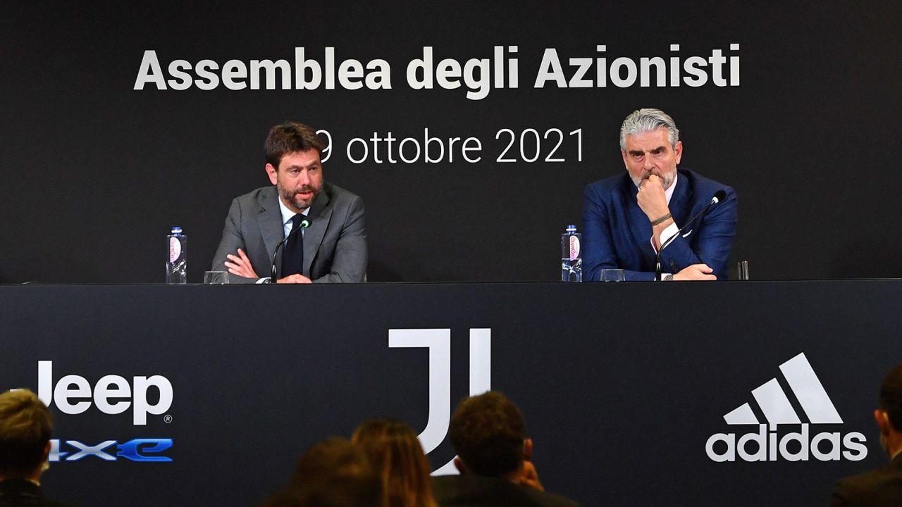 Andrea Agnelli and Maurizio Arrivabene attend the Juventus shareholders meeting at Allianz Stadium on October 29, 2021 in Turin, Italy. 