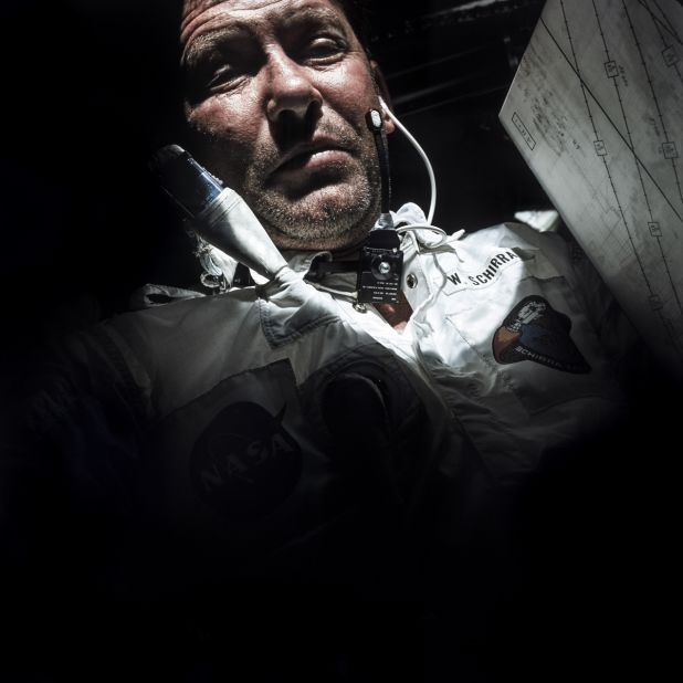 Commander Wally Schirra on Apollo 7, the first crewed flight of the program, which launched in October 1968. An amateur photographer, Schirra suggested the use of his own Hasselblad 500C camera for the mission, which ultimately led to a decades-long partnership between NASA and the Swedish manufacturer.
