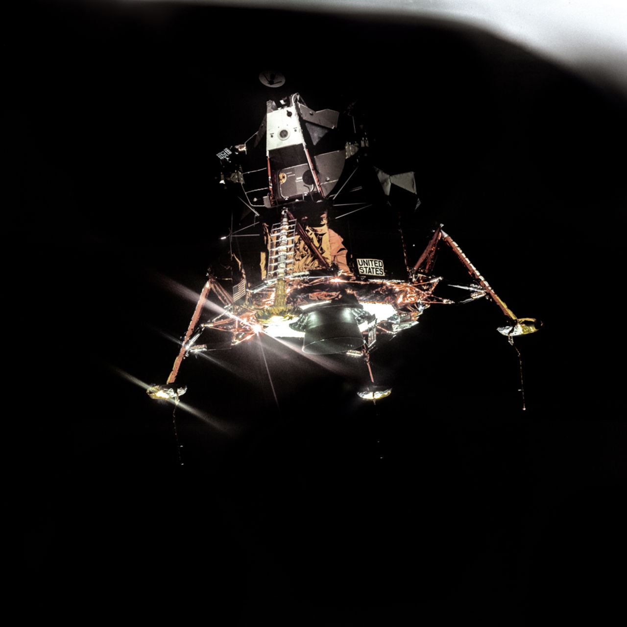 Neil Armstrong guides Apollo 11's Lunar Module, Eagle (LM-5), before landing in the Sea of Tranquility on July 20, 1969.
